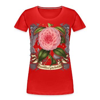Illustration botanique de fleur de camélia rose vintage - T-shirt bio Premium Femme - rouge - Devant - Mia (176cm)