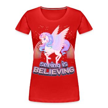 Licorne Fille, Licorne Kawaii, Dicton Arc-en-ciel - T-shirt bio Premium Femme - rouge - Devant - Mia (176cm)
