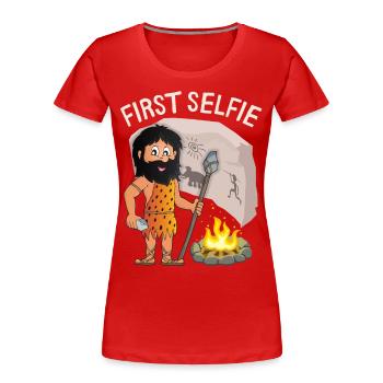 Lustiger Neandertaler, First-Selfie, Spruch, Pun - Frauen Premium Bio T-Shirt - Rot - Vorne - Mia (176cm)