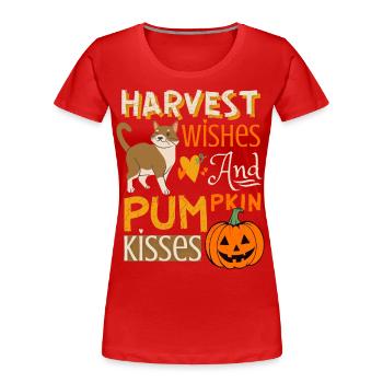Herbst Ernte mit Kürbis und lustiger Katze - Frauen Premium Bio T-Shirt - Rot - Vorne - Mia (176cm)