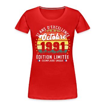 31 Ans Anniversaire Vintage Né en Octobre 1991 - T-shirt bio Premium Femme - rouge - Devant - Mia (176cm)