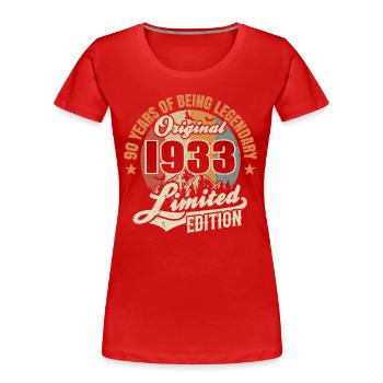 90 years - legendary since 1933 - Women's Premium Organic T-Shirt - red - Front - Mia (176cm)