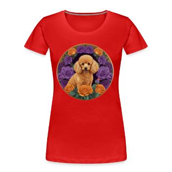 Caniche abricot et roses mauves et oranges - T-shirt bio Premium Femme - rouge - Devant - Mia (176cm)