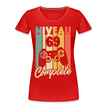Niveau 69 complete, Cadeau Anniversaire 69 ans - T-shirt bio Premium Femme - rouge - Devant - Mia (176cm)