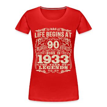 90 ans - anniversaire 1933 - né en 1933 - T-shirt bio Premium Femme - rouge - Devant - Mia (176cm)