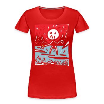 Japans Rote Sonne: Berge und Strichmännchen - Frauen Premium Bio T-Shirt - Rot - Vorne - Mia (176cm)