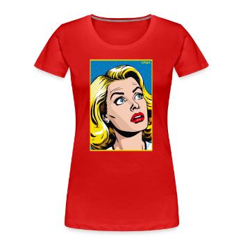 Cartoon Pop-Art: Blonde Frau in Aktion - Frauen Premium Bio T-Shirt - Rot - Vorne - Mia (176cm)