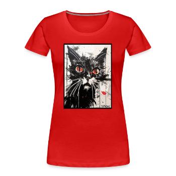 Dessin au crayon de couleur en papier carbone d’un chat - T-shirt bio Premium Femme - rouge - Devant - Mia (176cm)