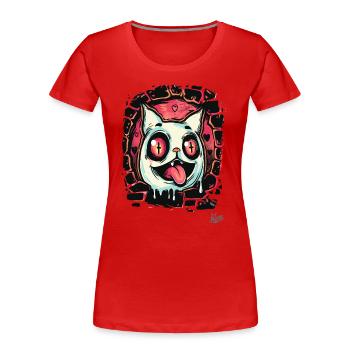 Crazy cat crossed out eyes from hell - Women's Premium Organic T-Shirt - red - Front - Mia (176cm)