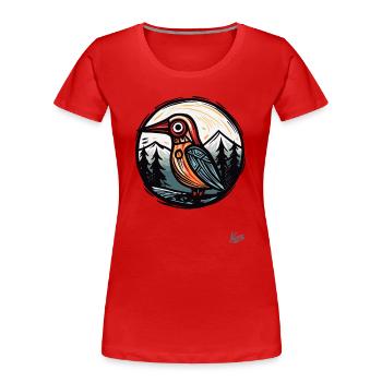 Gravure sur bois Nature : Des arbres et un oiseau - T-shirt bio Premium Femme - rouge - Devant - Mia (176cm)