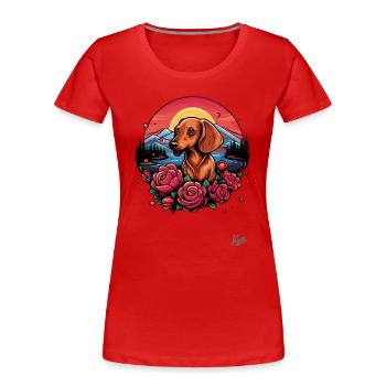 Coucher de soleil et teckel de roses : l’amour de la nature - T-shirt bio Premium Femme - rouge - Devant - Mia (176cm)