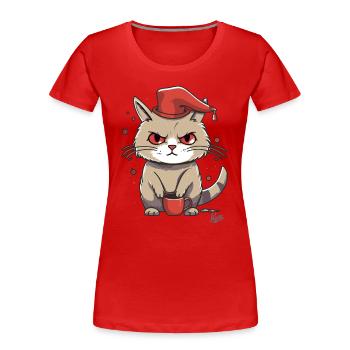 Kaffee Katze mit Hut: Die Morgenmuffel Mieze - Frauen Premium Bio T-Shirt - Rot - Vorne - Mia (176cm)