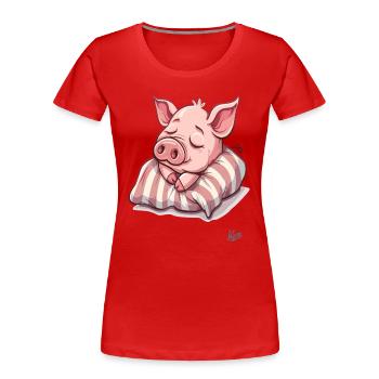 Kleines Ferkel Schwein schläft auf einem Kissen - Frauen Premium Bio T-Shirt - Rot - Vorne - Mia (176cm)