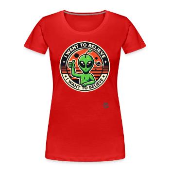 Green Alien : Pouce en l’air, je veux croire - T-shirt bio Premium Femme - rouge - Devant - Mia (176cm)