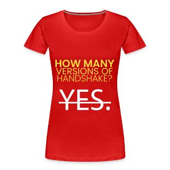 Wie viele Versionen von Handshake? - Frauen Premium Bio T-Shirt - Rot - Vorne - Mia (176cm)