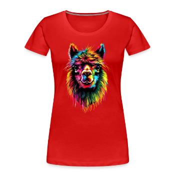 Alpaka Pop Art Bunte Farben Lama Regenbogen Alpaka - Frauen Premium Bio T-Shirt - Rot - Vorne - Mia (176cm)