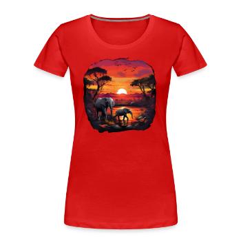Eléphant, Arbre, Coucher de soleil, Coloré, Animaux, Safari - T-shirt bio Premium Femme - rouge - Devant - Mia (176cm)
