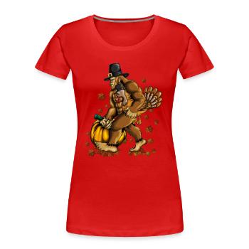 Kürbis Thanksgivingfeier Affe hält Truthahn Outfit - Frauen Premium Bio T-Shirt - Rot - Vorne - Mia (176cm)