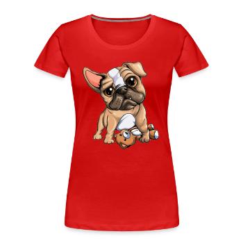 Hund Treudoof Blickender Mops hält Kuscheltier - Frauen Premium Bio T-Shirt - Rot - Vorne - Mia (176cm)