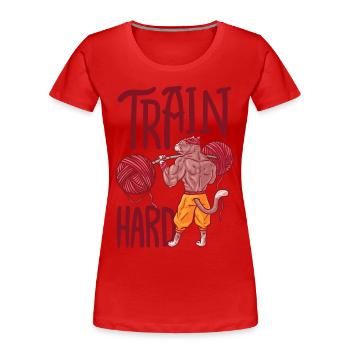 Muskel Katze trainiert mit Wollknäuelen - Frauen Premium Bio T-Shirt - Rot - Vorne - Mia (176cm)