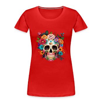 Totenkopf mit Blumen - Frauen Premium Bio T-Shirt - Rot - Vorne - Mia (176cm)