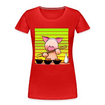 Pork tries sushi with chopsticks - Women's Premium Organic T-Shirt - red - Front - Mia (176cm)