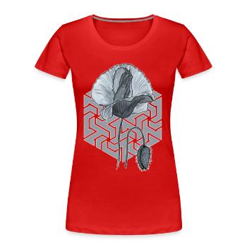 schwarzweiße Mohnblume mit Sechseck im Hintergrund - Frauen Premium Bio T-Shirt - Rot - Vorne - Mia (176cm)