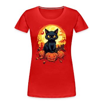 Magische Nacht: Süße Katze auf Kürbis Mondschein - Frauen Premium Bio T-Shirt - Rot - Vorne - Mia (176cm)