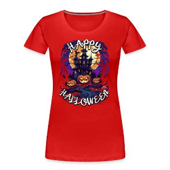 Happy Halloween with haunted castle, moon and pumpkins - Women's Premium Organic T-Shirt - red - Front - Mia (176cm)