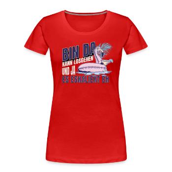 « Je suis là, je peux commencer » Flamingo Design Girls' Night Out - T-shirt bio Premium Femme - rouge - Devant - Mia (176cm)