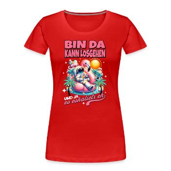 Drôle de flamant rose 'Je suis là peut aller' - T-shirt bio Premium Femme - rouge - Devant - Mia (176cm)