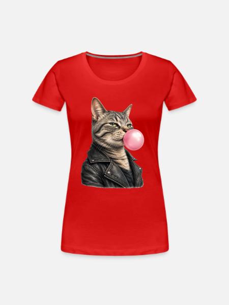Coole Katze mit Lederjacke - Frauen Premium Bio T-Shirt - Rot