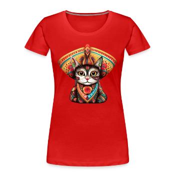 Katze in traditioneller südamerikanischer Kleidung - Frauen Premium Bio T-Shirt - Rot - Vorne - Mia (176cm)