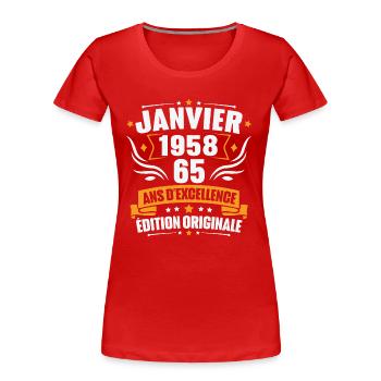 Vintage Cadeau Janvier 1958, 65 Ans Anniversaire - T-shirt bio Premium Femme - rouge - Devant - Mia (176cm)