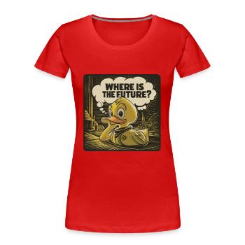 Nachdenkliche Gelbe Plastikente Ente - Frauen Premium Bio T-Shirt - Rot - Vorne - Mia (176cm)