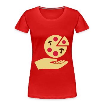 Hand hands over pizza with salami and mushrooms - Women's Premium Organic T-Shirt - red - Front - Mia (176cm)