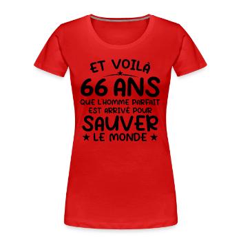 66 ans Cadeau anniversaire 66 ans Homme - T-shirt bio Premium Femme - rouge - Devant - Mia (176cm)