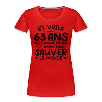 63 ans Cadeau anniversaire 63 ans Homme - T-shirt bio Premium Femme - rouge - Devant - Mia (176cm)