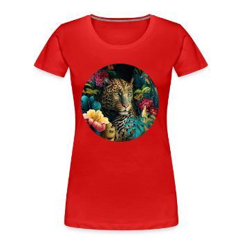 Leopard Jungle Blumen - Frauen Premium Bio T-Shirt - Rot - Vorne - Mia (176cm)