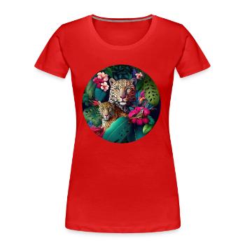 Leopard Dschungel Blumen - Frauen Premium Bio T-Shirt - Rot - Vorne - Mia (176cm)