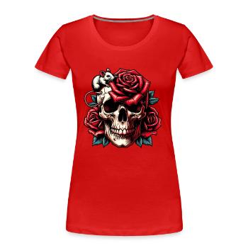 Skull mit roten Rosen Rosenranken und Maus - Frauen Premium Bio T-Shirt - Rot - Vorne - Mia (176cm)