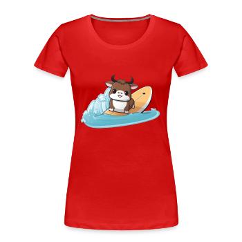 surfende Kuh, Sportliches Tierdesign - Frauen Premium Bio T-Shirt - Rot - Vorne - Mia (176cm)
