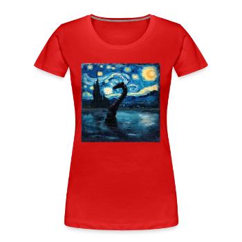 Monstre du Loch Ness, Nessie, Van Gogh, Nuit étoilée - T-shirt bio Premium Femme - rouge - Devant - Mia (176cm)