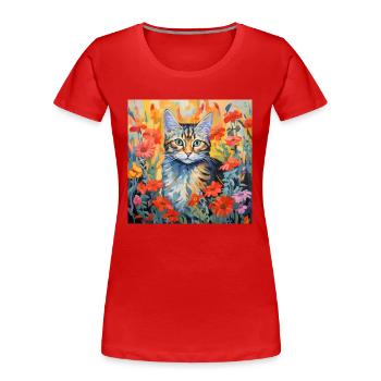 cat, cat motif, flowers, gift, gift idea - Women's Premium Organic T-Shirt - red - Front - Mia (176cm)