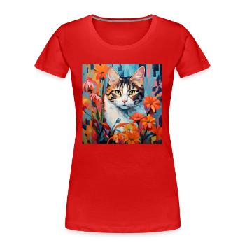 cat, cat motif, flowers, gift, gift idea - Women's Premium Organic T-Shirt - red - Front - Mia (176cm)