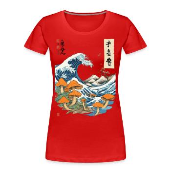 Vague japonaise Vintage champignons Ukiyo-E Design - T-shirt bio Premium Femme - rouge - Devant - Mia (176cm)