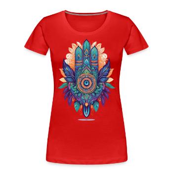 Hamsa Hand Spirituelles Mandala Federn Design - Frauen Premium Bio T-Shirt - Rot - Vorne - Mia (176cm)