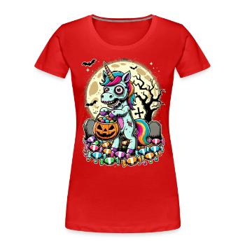 Drôle de licorne zombie aime les bonbons - T-shirt bio Premium Femme - rouge - Devant - Mia (176cm)