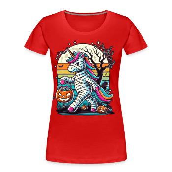 Drôle Licorne Momie Mentant Bonbons - T-shirt bio Premium Femme - rouge - Devant - Mia (176cm)