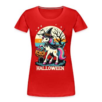 La licorne sorcière drôle veut des bonbons - T-shirt bio Premium Femme - rouge - Devant - Mia (176cm)